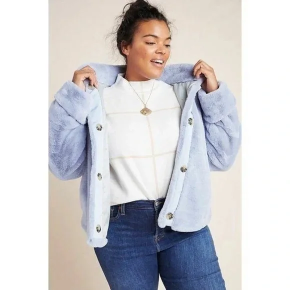 🫐Anthropologie Light Blue Faux Fur Jacket - Picture 4 of 9